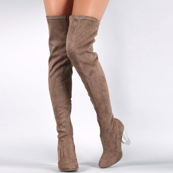 NEW🔥 Taupe Over The Knee Boots Clear Lucite Heel - Picture 2 of 3